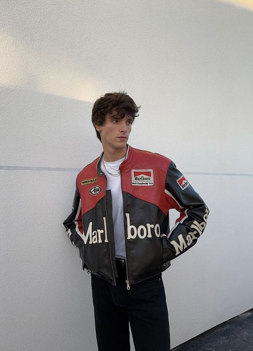 Marlboro Black Leather Jacket l Unisex Racing Jacket