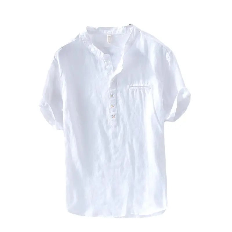 New Linen T-shirt for Men Short-sleeved Loose Stand-up Collar Cotton (Pack of 2)