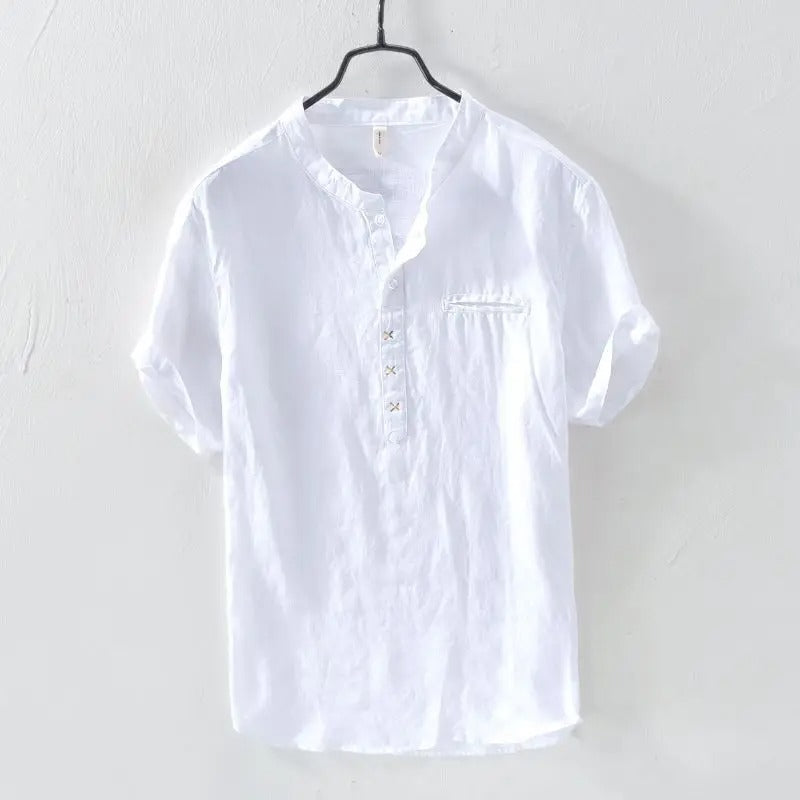New Linen T-shirt for Men Short-sleeved Loose Stand-up Collar Cotton (Pack of 2)